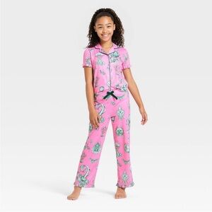Girls Wicked Katie Kime 2pc Short Sleeve Button Down Shirt Pants Pajama Set Pink